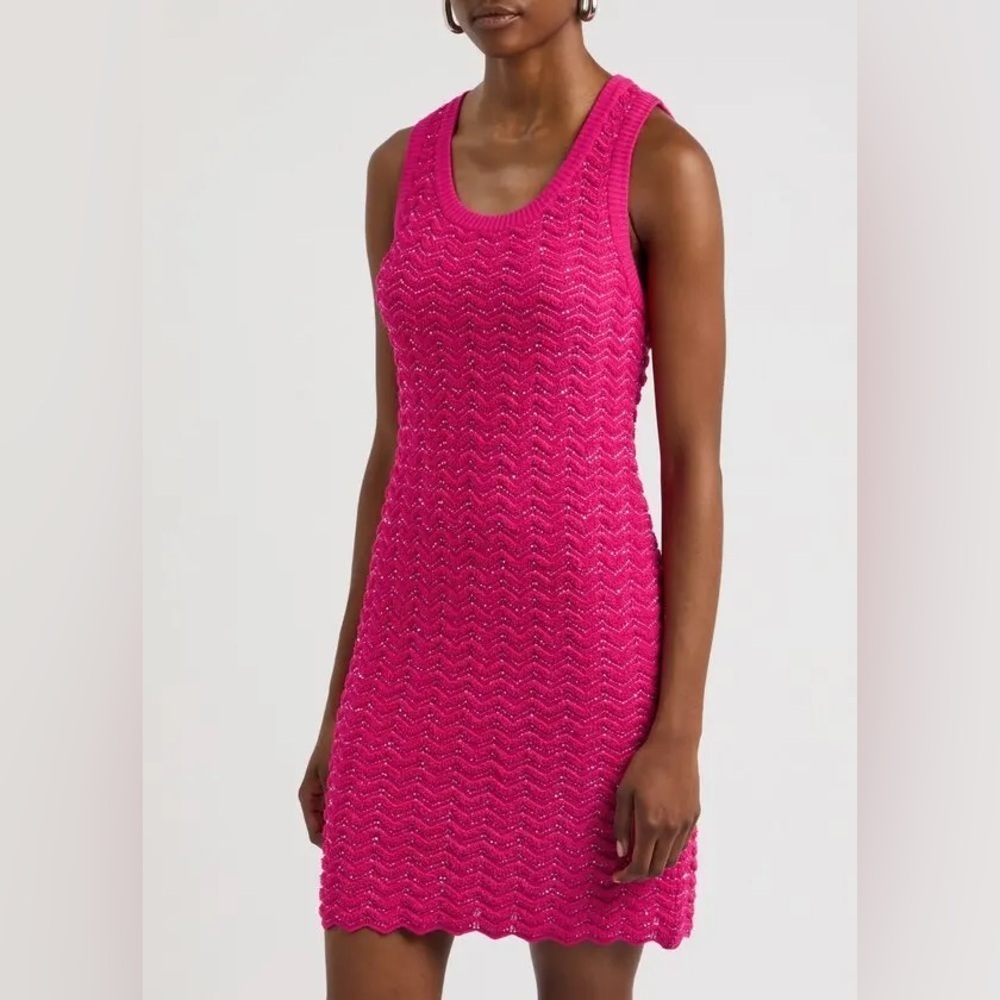 New Missoni Zigzag Sequin-Embellished Knit Mini Dress Small Crochet Pink Fuschia